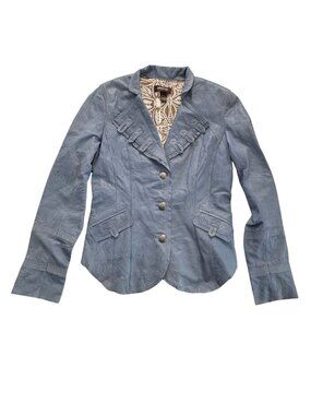 Y2K Danier Light Blue Genuine Leather Blazer Jacket Ruffle Lapel Boho Western